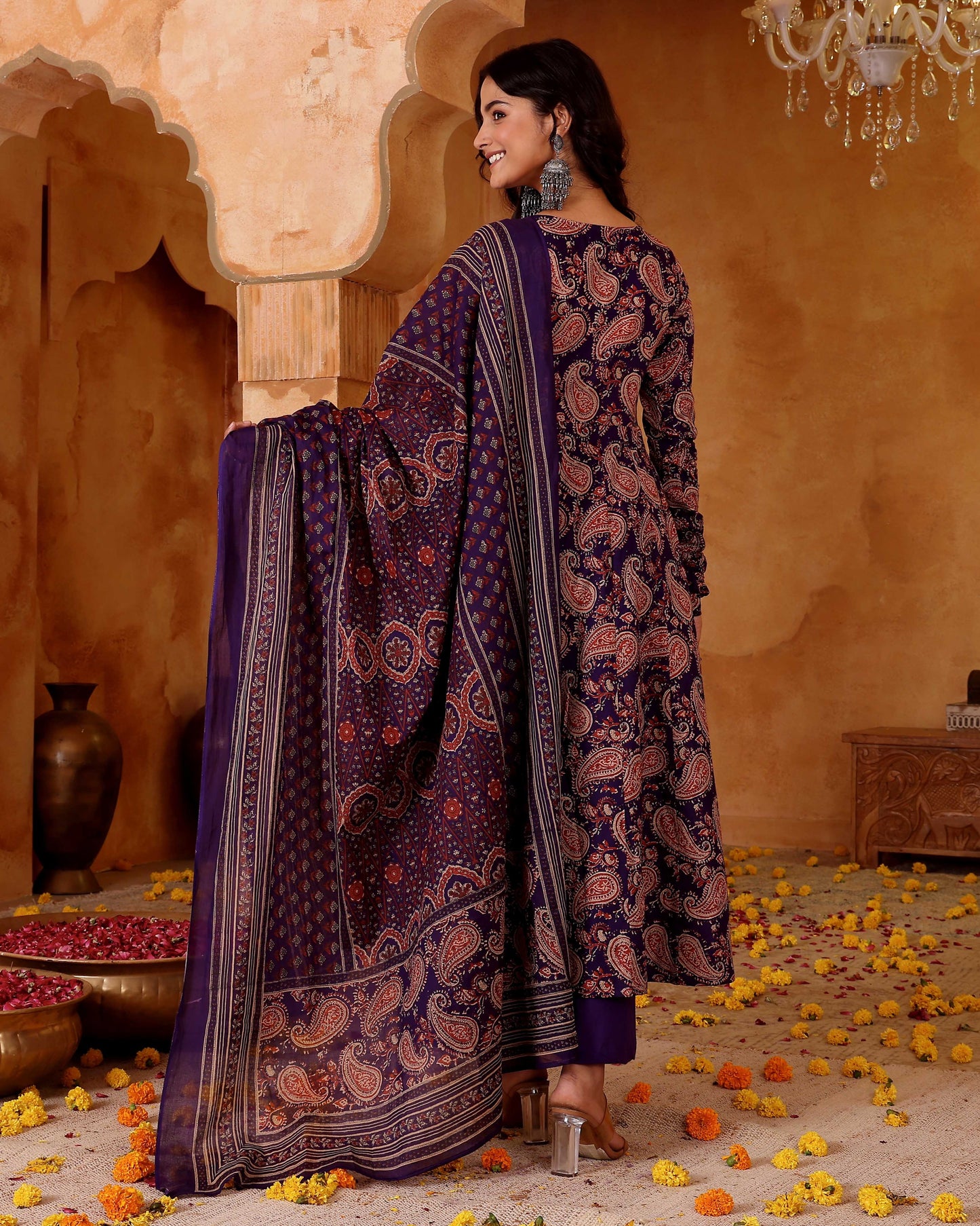 Kashish Deep Purple Allover Paisley Print Rayon Suit Set