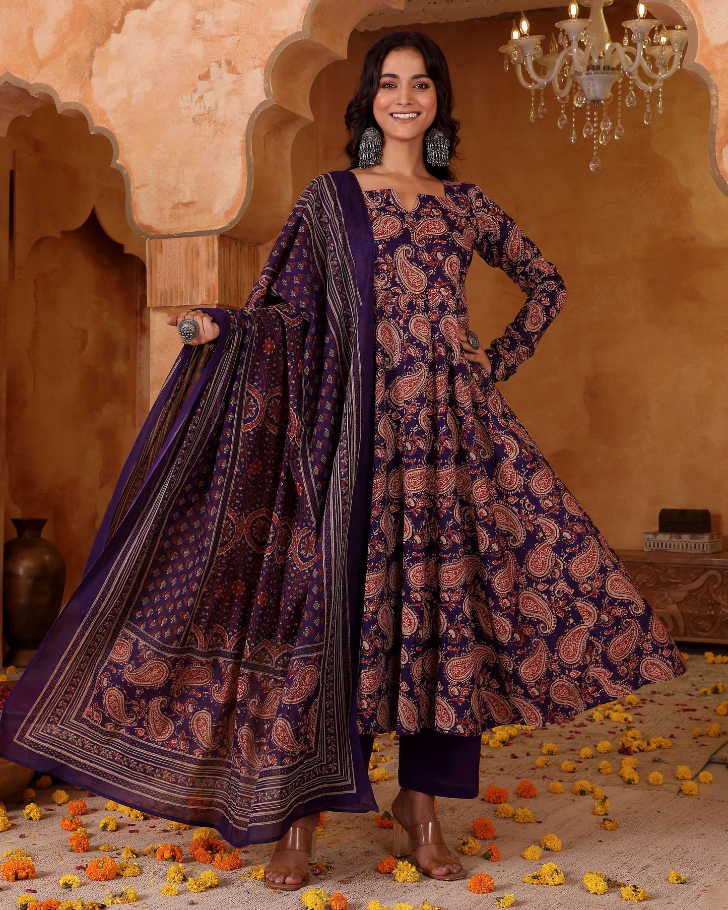 Kashish Deep Purple Allover Paisley Print Rayon Suit Set