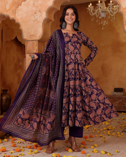 Kashish Deep Purple Allover Paisley Print Rayon Suit Set
