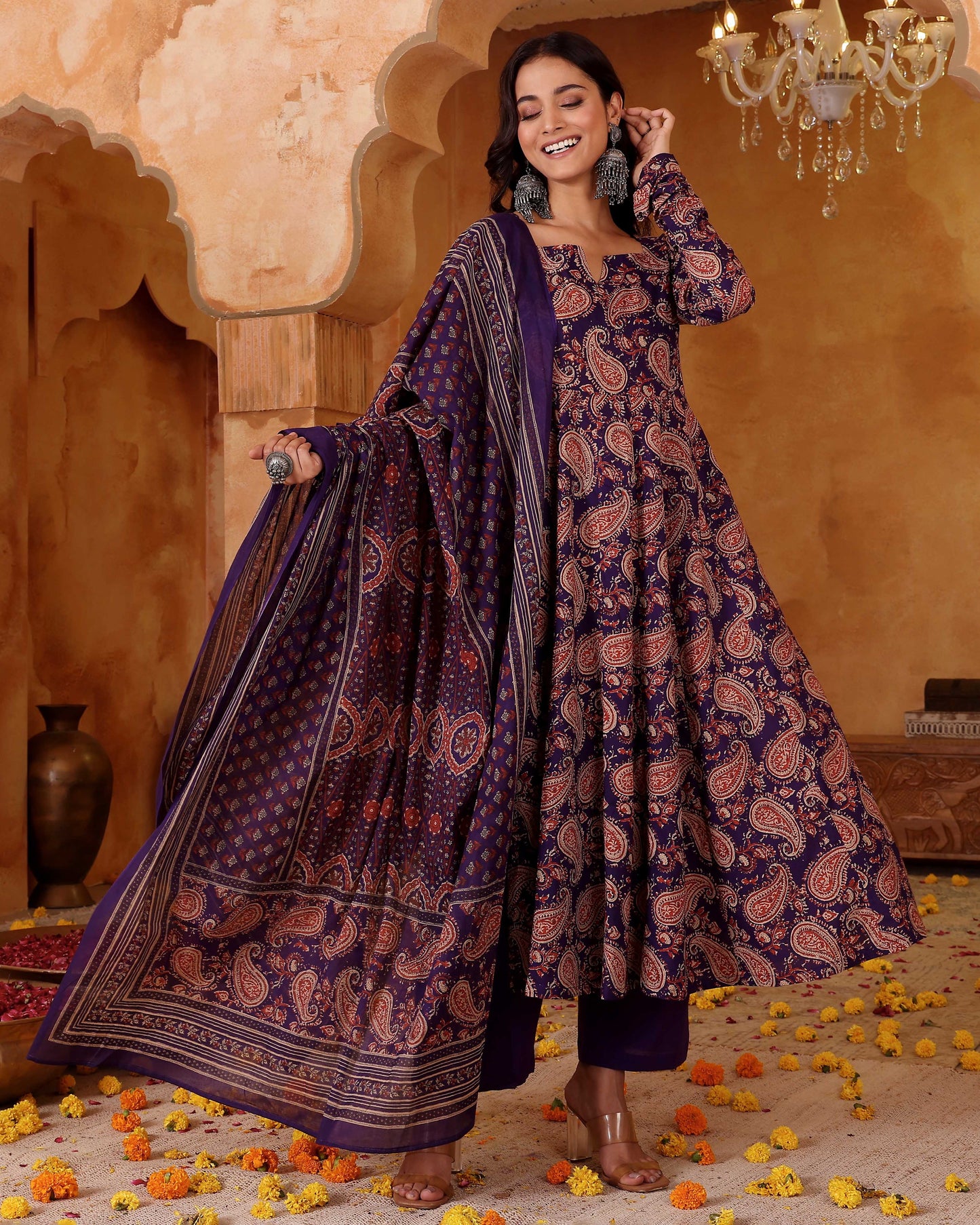 Kashish Deep Purple Allover Paisley Print Rayon Suit Set