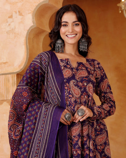 Kashish Deep Purple Allover Paisley Print Rayon Suit Set