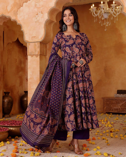Kashish Deep Purple Allover Paisley Print Rayon Suit Set
