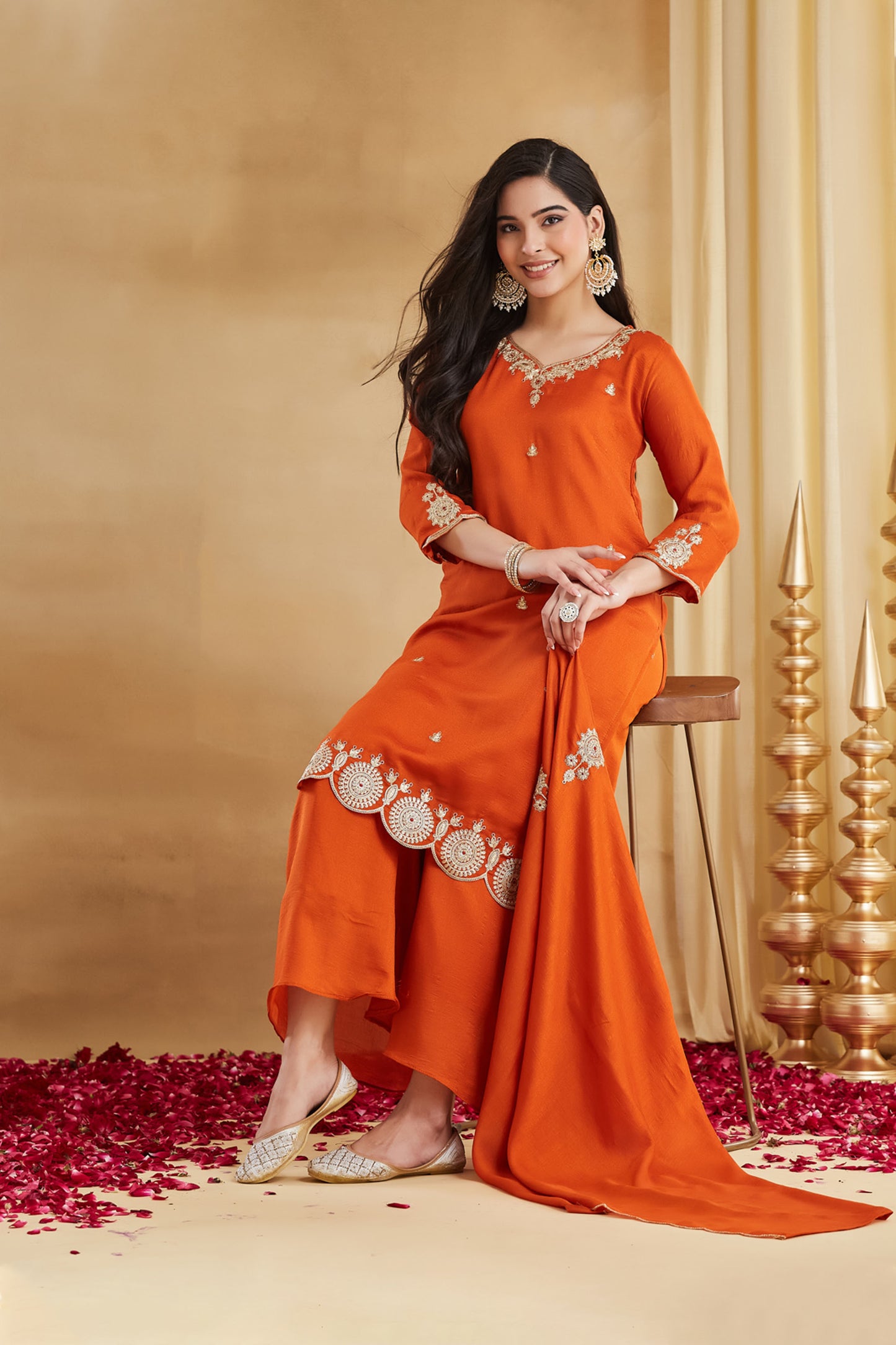 Kanaklata Orange Vichitra Silk Embroidered Kurta Set