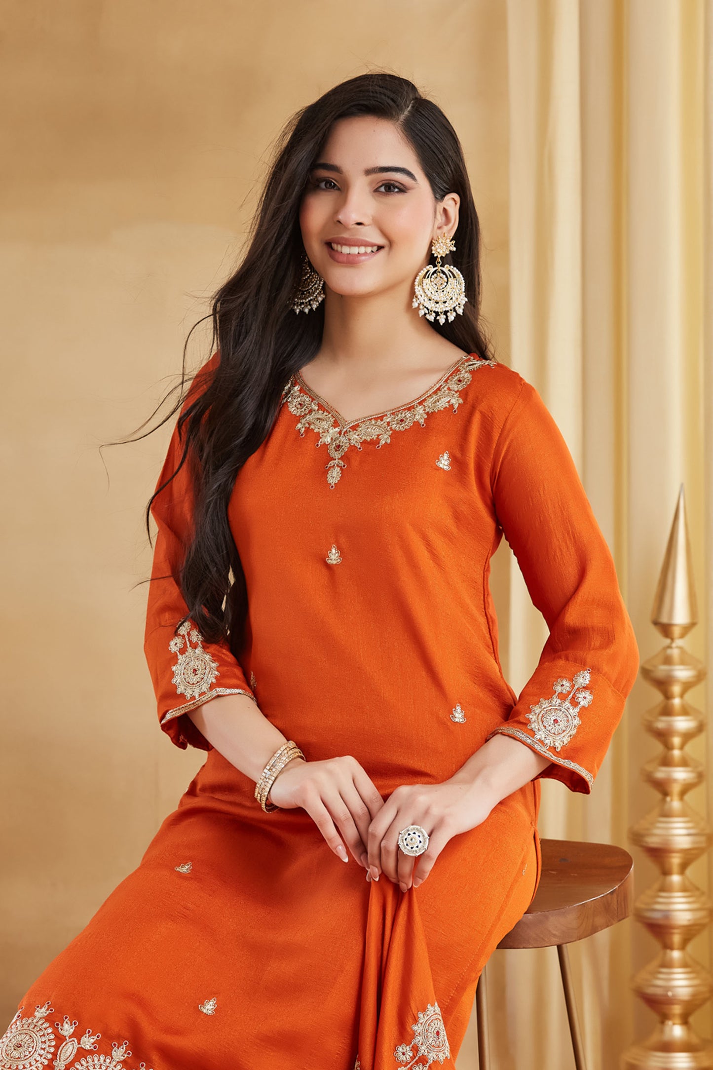 Kanaklata Orange Vichitra Silk Embroidered Kurta Set