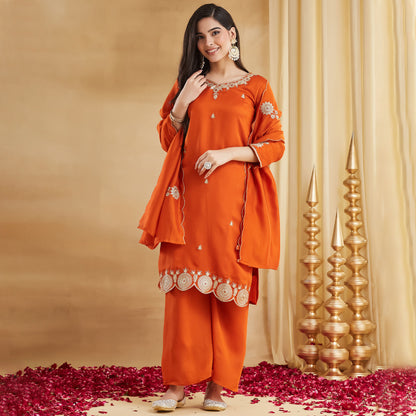 Kanaklata Orange Vichitra Silk Embroidered Kurta Set