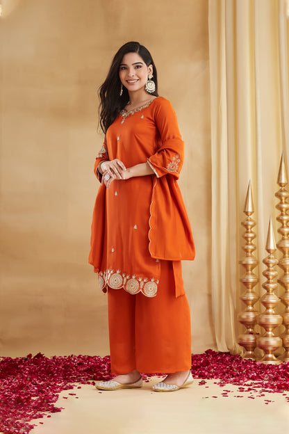 Kanaklata Orange Vichitra Silk Embroidered Kurta Set