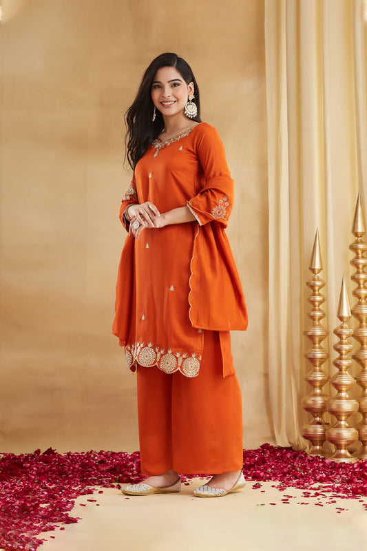 Kanaklata Orange Vichitra Silk Embroidered Kurta Set