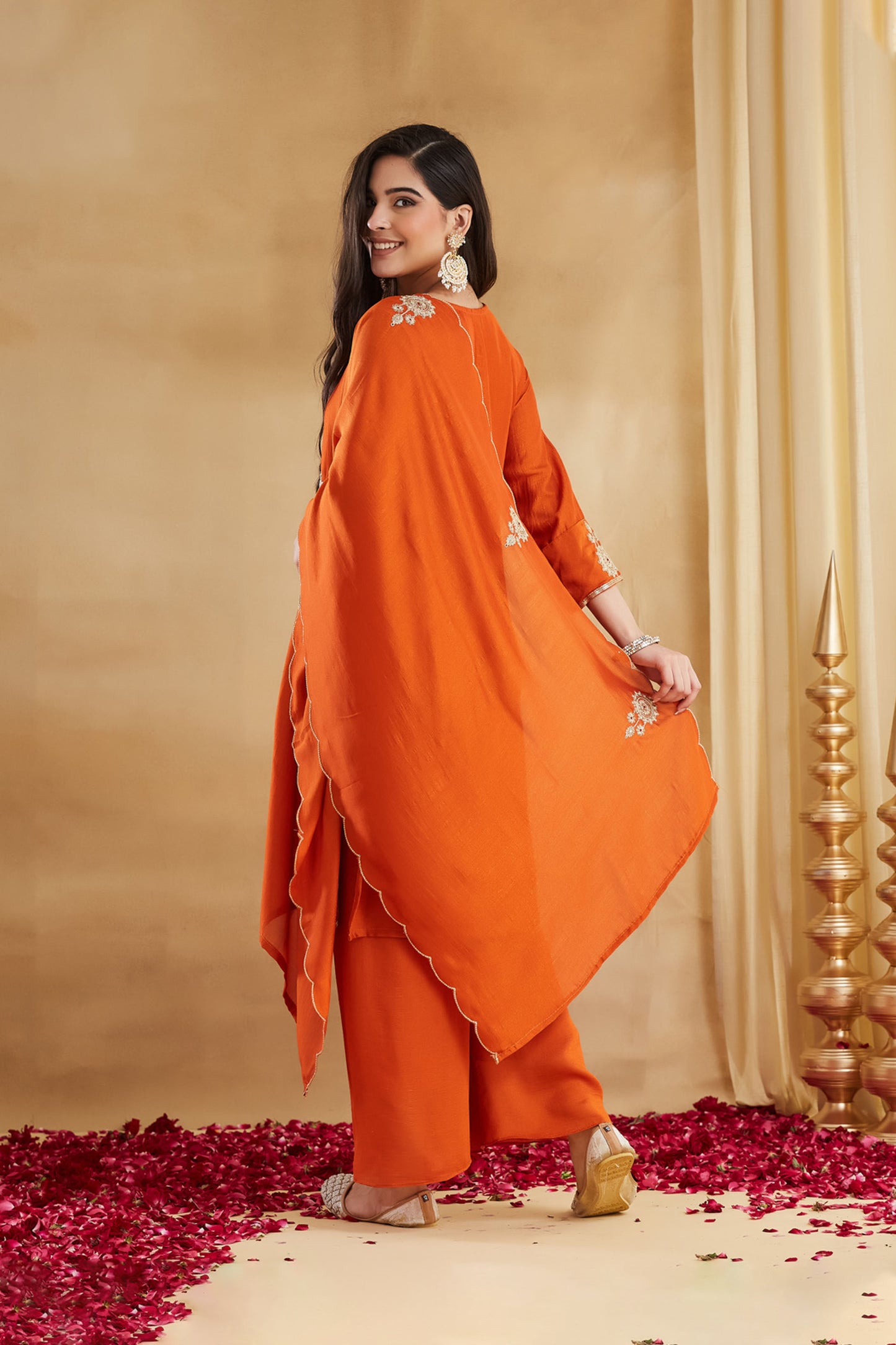Kanaklata Orange Vichitra Silk Embroidered Kurta Set