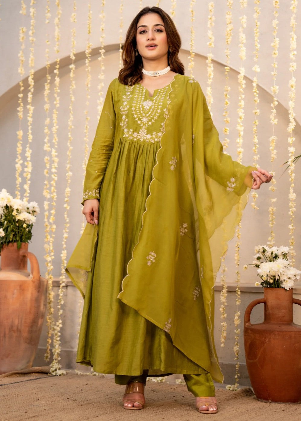 Mehndi Olive Green White Resham Floral Embroidered Suit Set