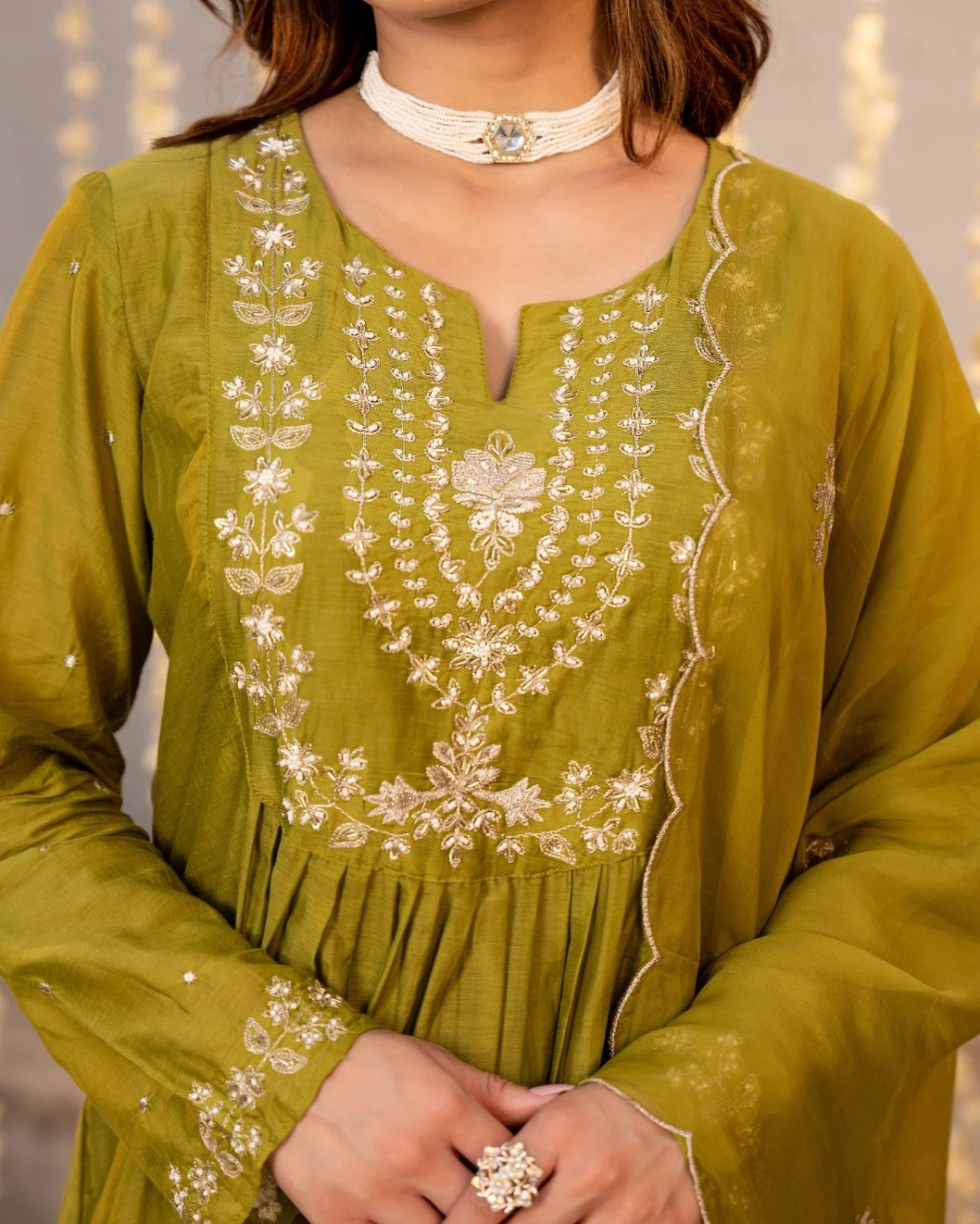Mehndi Olive Green White Resham Floral Embroidered Suit Set