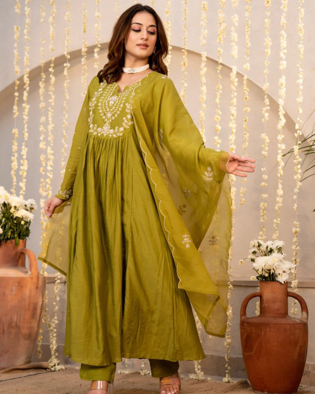 Mehndi Olive Green White Resham Floral Embroidered Suit Set