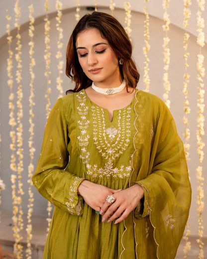 Mehndi Olive Green White Resham Floral Embroidered Suit Set