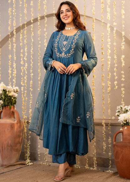 Neelima Teal Blue Gold Resham Floral Embroidered Suit Set