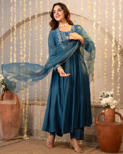 Neelima Teal Blue Gold Resham Floral Embroidered Suit Set