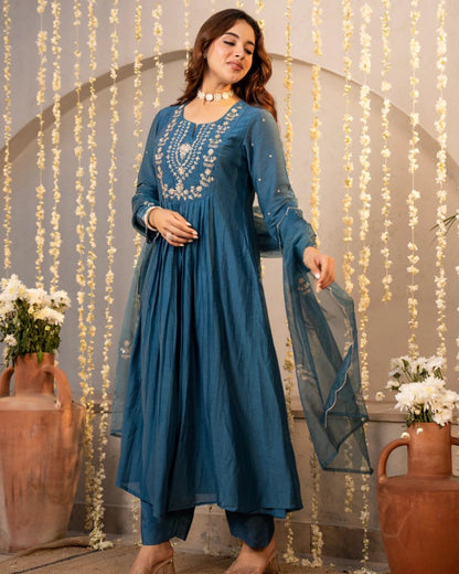 Neelima Teal Blue Gold Resham Floral Embroidered Suit Set