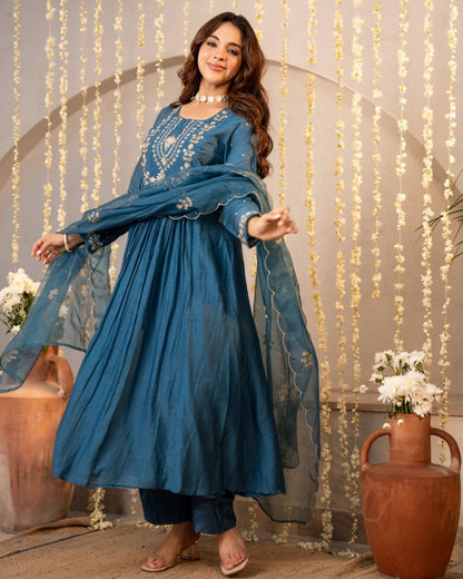 Neelima Teal Blue Gold Resham Floral Embroidered Suit Set