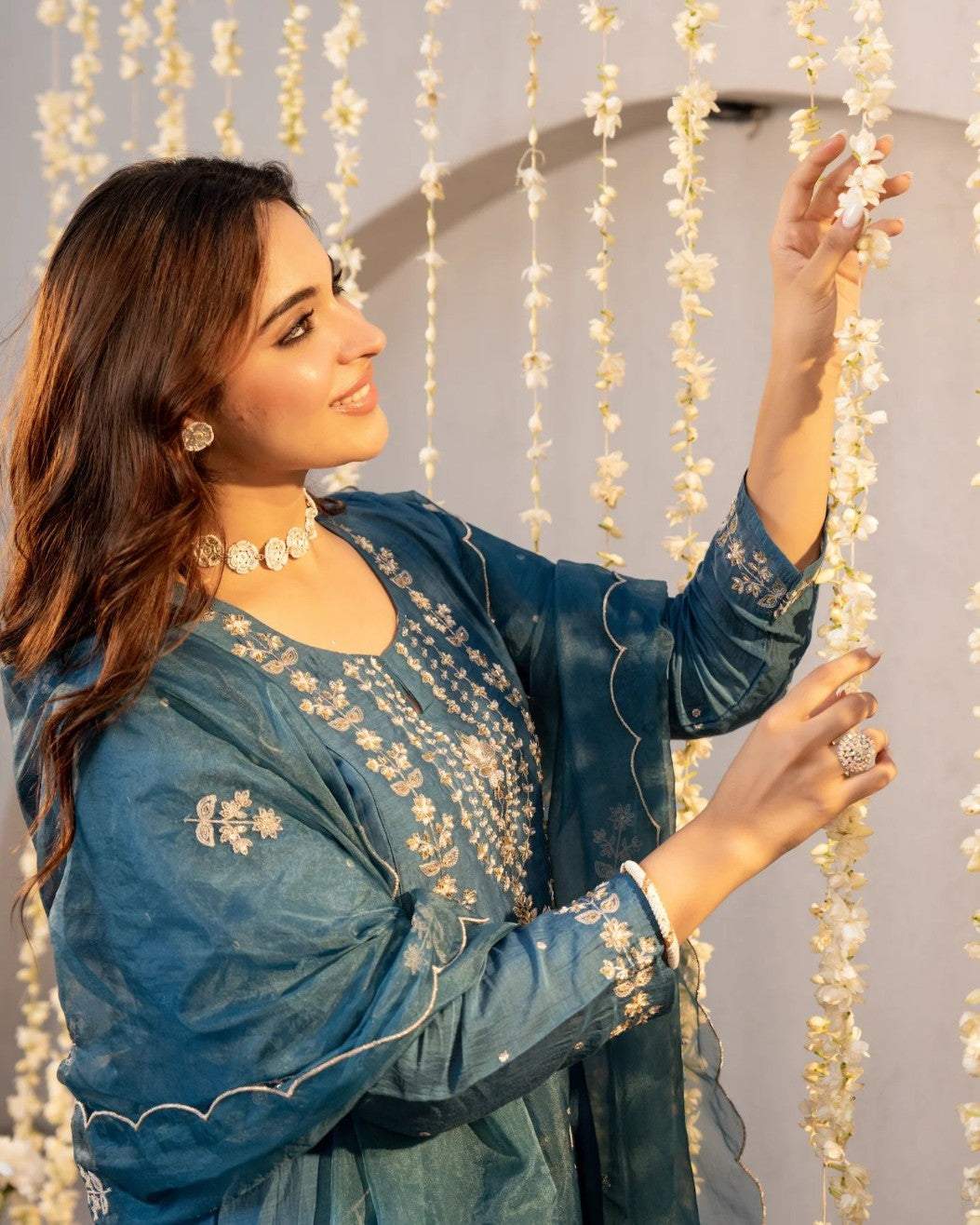 Neelima Teal Blue Gold Resham Floral Embroidered Suit Set
