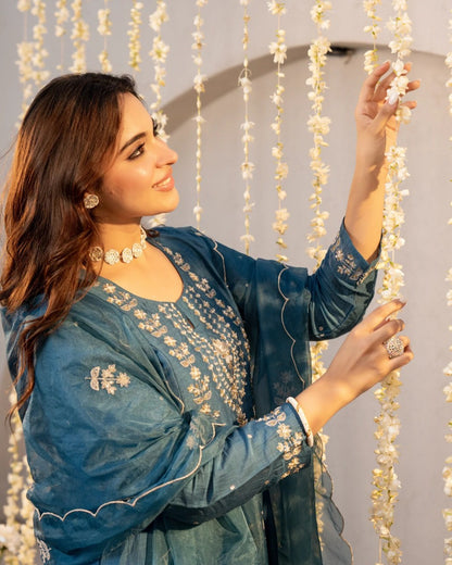 Neelima Teal Blue Gold Resham Floral Embroidered Suit Set