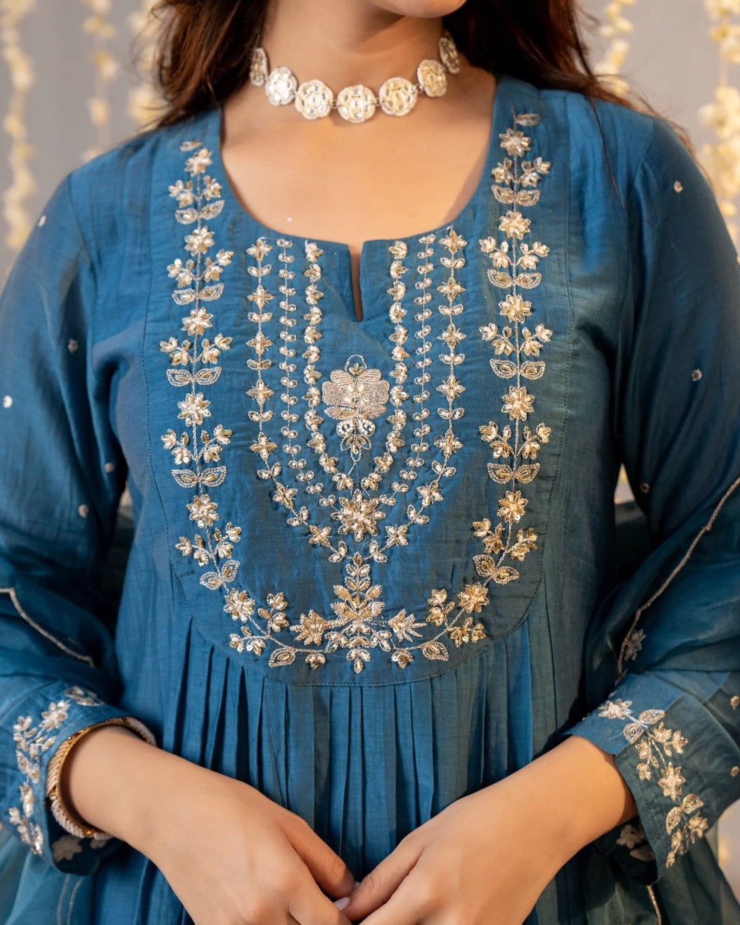 Neelima Teal Blue Gold Resham Floral Embroidered Suit Set