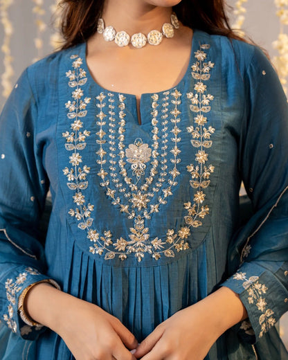 Neelima Teal Blue Gold Resham Floral Embroidered Suit Set