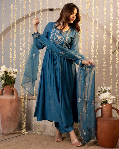 Neelima Teal Blue Gold Resham Floral Embroidered Suit Set