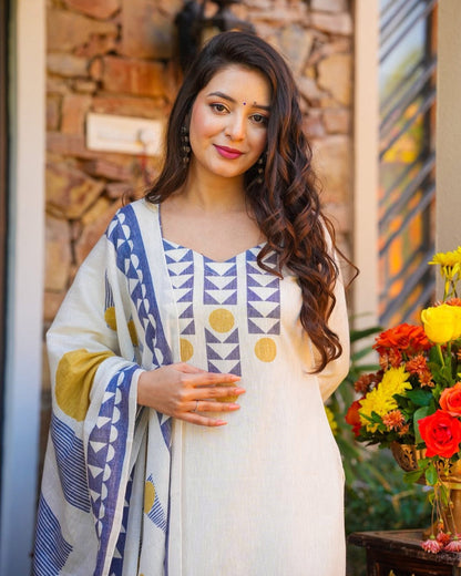Jaaveri Ivory Geometric Block Print Muslin Kurta Set