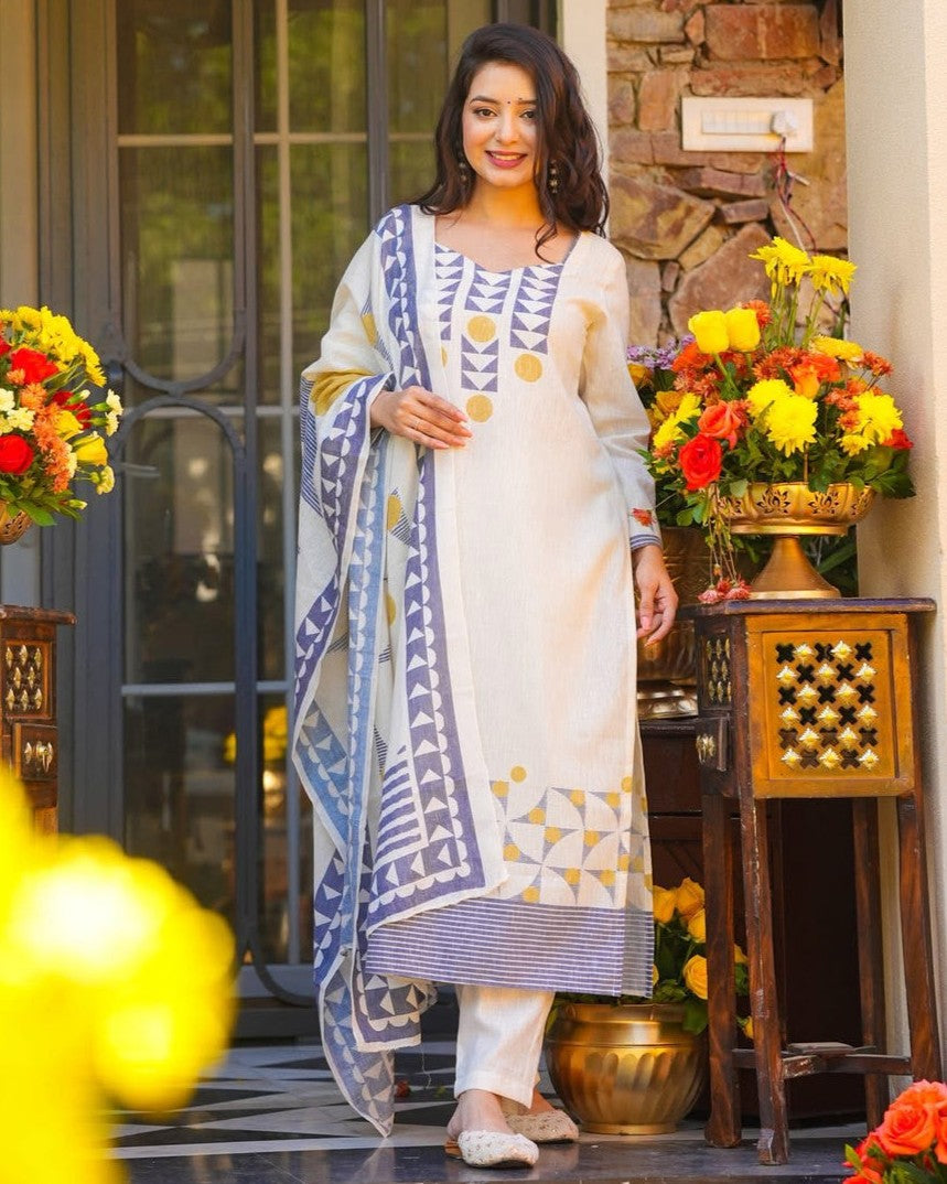 Jaaveri Ivory Geometric Block Print Muslin Kurta Set