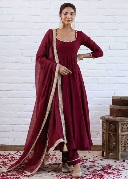 Shirin Deep Maroon Gold Lace Trim Chanderi Suit Set