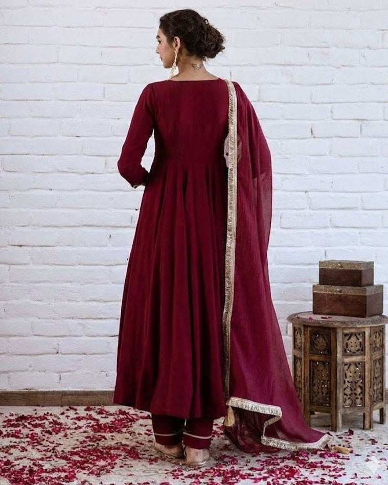 Shirin Deep Maroon Gold Lace Trim Chanderi Suit Set