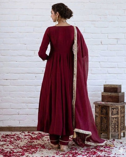 Shirin Deep Maroon Gold Lace Trim Chanderi Suit Set
