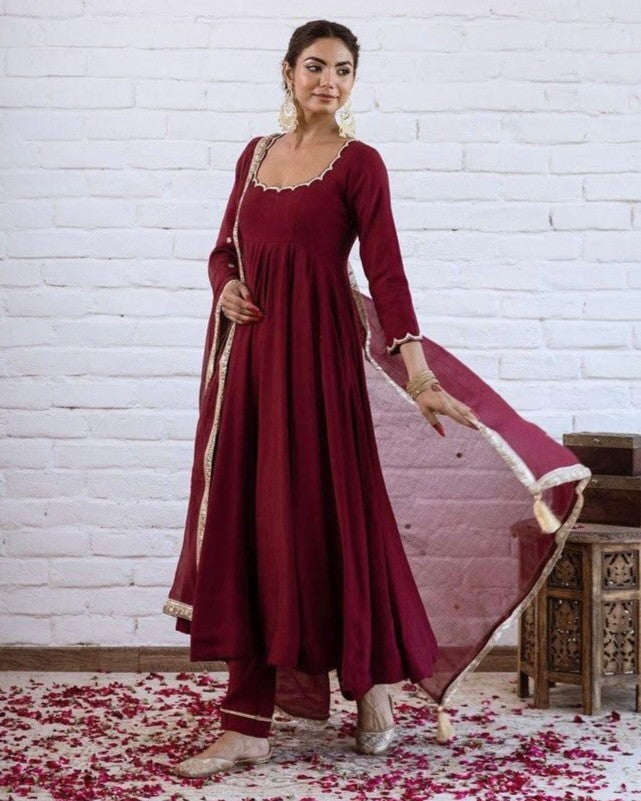 Shirin Deep Maroon Gold Lace Trim Chanderi Suit Set