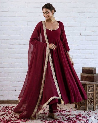 Shirin Deep Maroon Gold Lace Trim Chanderi Suit Set