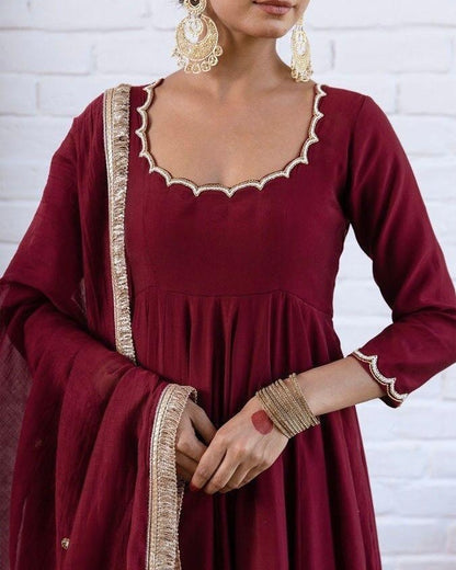 Shirin Deep Maroon Gold Lace Trim Chanderi Suit Set