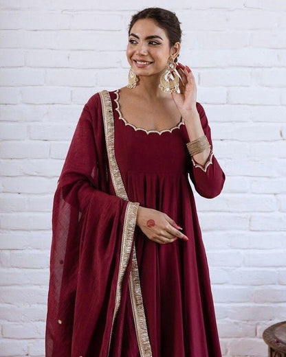 Shirin Deep Maroon Gold Lace Trim Chanderi Suit Set