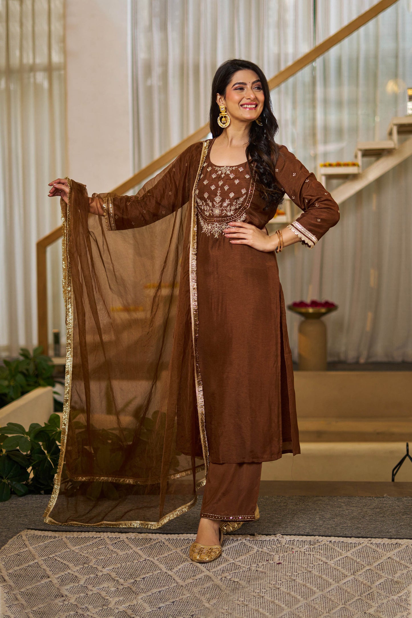 Tamanna Brown Vichitra Silk Embroidered Kurta Set