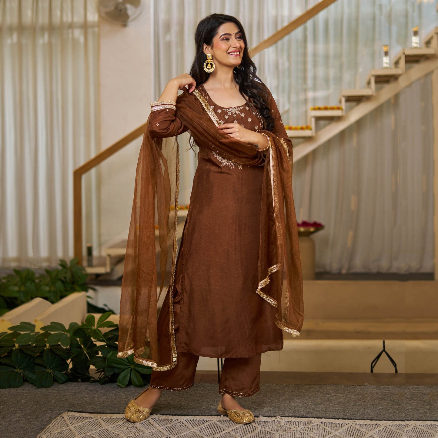 Tamanna Brown Vichitra Silk Embroidered Kurta Set