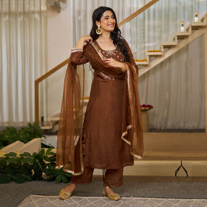 Tamanna Brown Vichitra Silk Embroidered Kurta Set