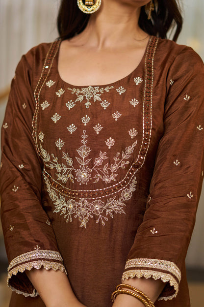 Tamanna Brown Vichitra Silk Embroidered Kurta Set