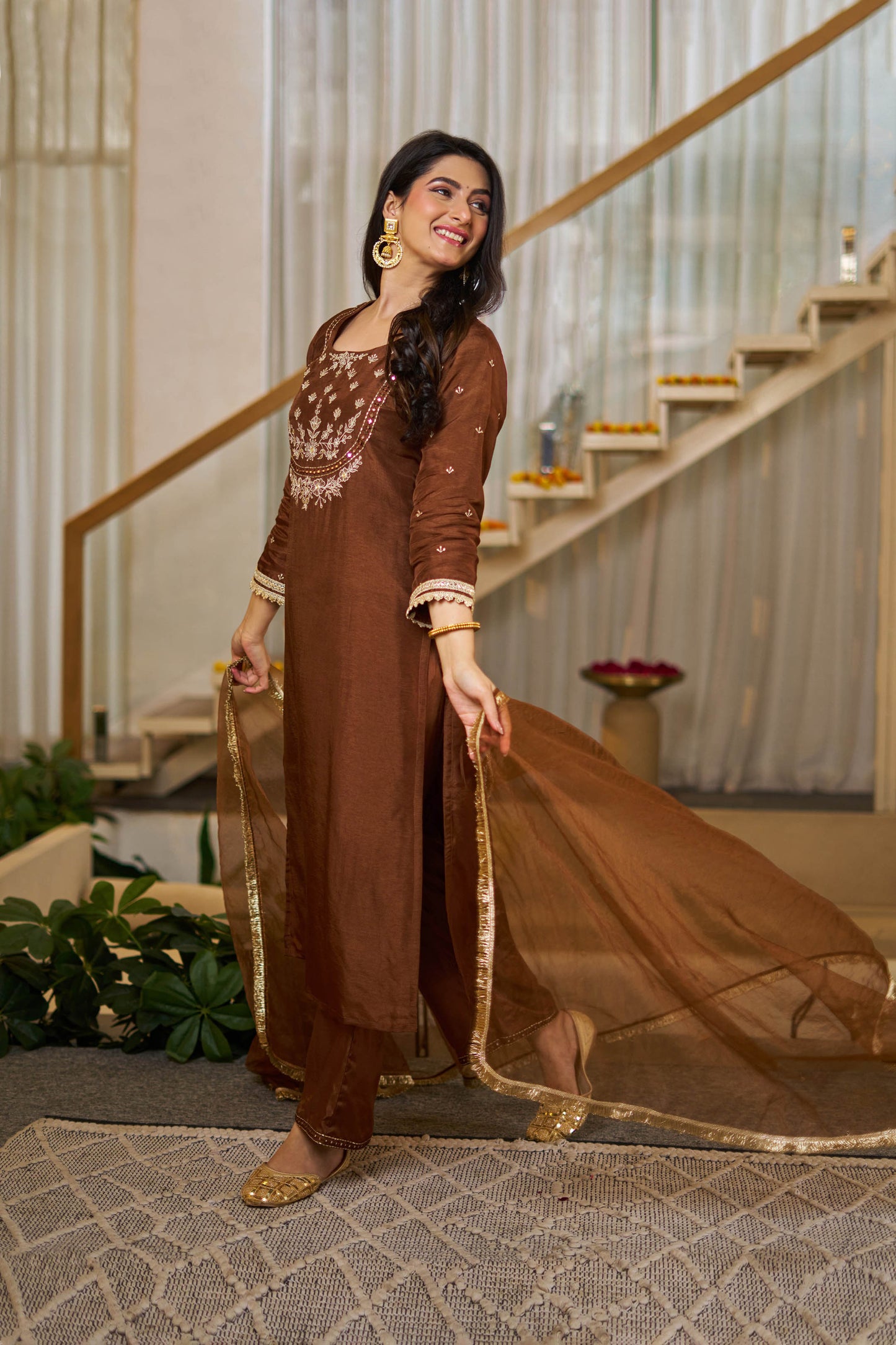 Tamanna Brown Vichitra Silk Embroidered Kurta Set