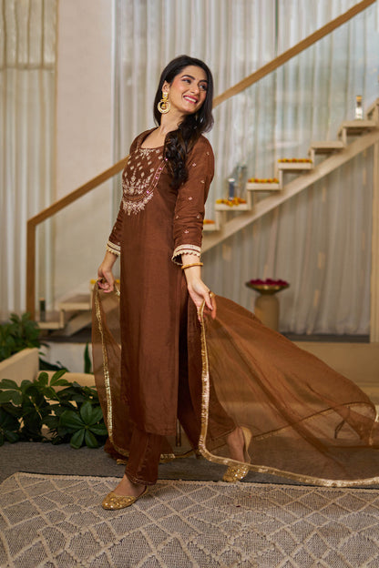 Tamanna Brown Vichitra Silk Embroidered Kurta Set