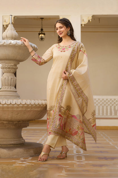Sharada Cream Viscose Assam Silk Embroidered Kurta Set