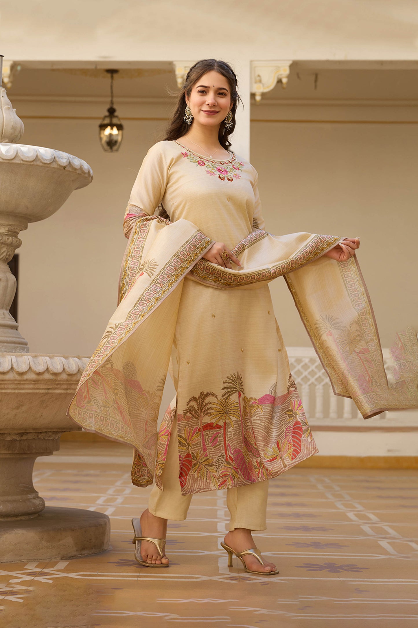 Sharada Cream Viscose Assam Silk Embroidered Kurta Set