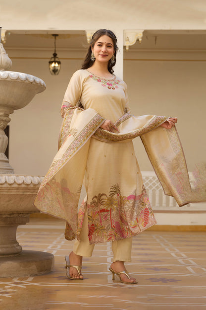 Sharada Cream Viscose Assam Silk Embroidered Kurta Set
