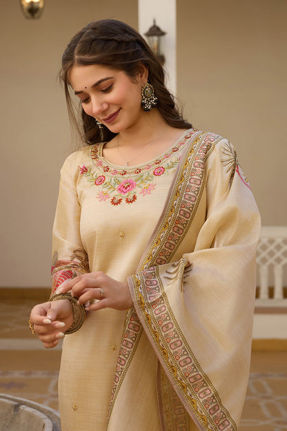 Sharada Cream Viscose Assam Silk Embroidered Kurta Set