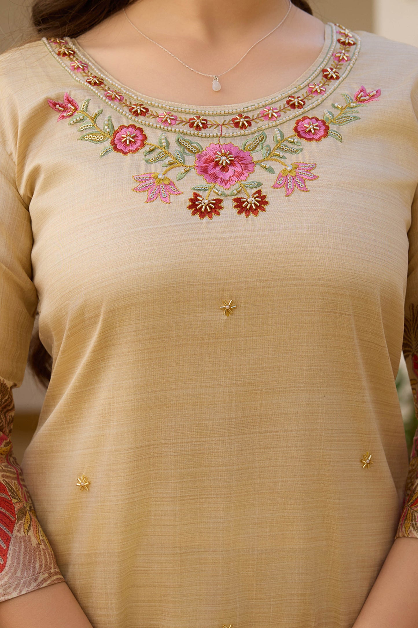Sharada Cream Viscose Assam Silk Embroidered Kurta Set