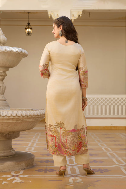Sharada Cream Viscose Assam Silk Embroidered Kurta Set