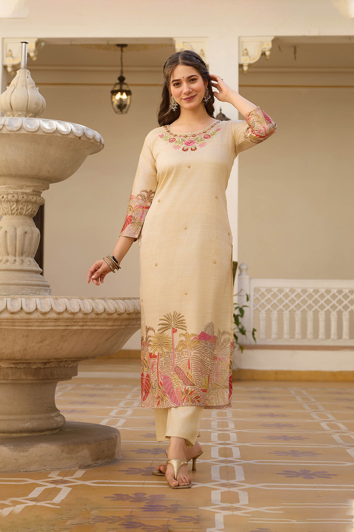 Sharada Cream Viscose Assam Silk Embroidered Kurta Set