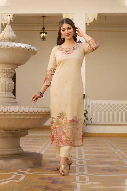Sharada Cream Viscose Assam Silk Embroidered Kurta Set