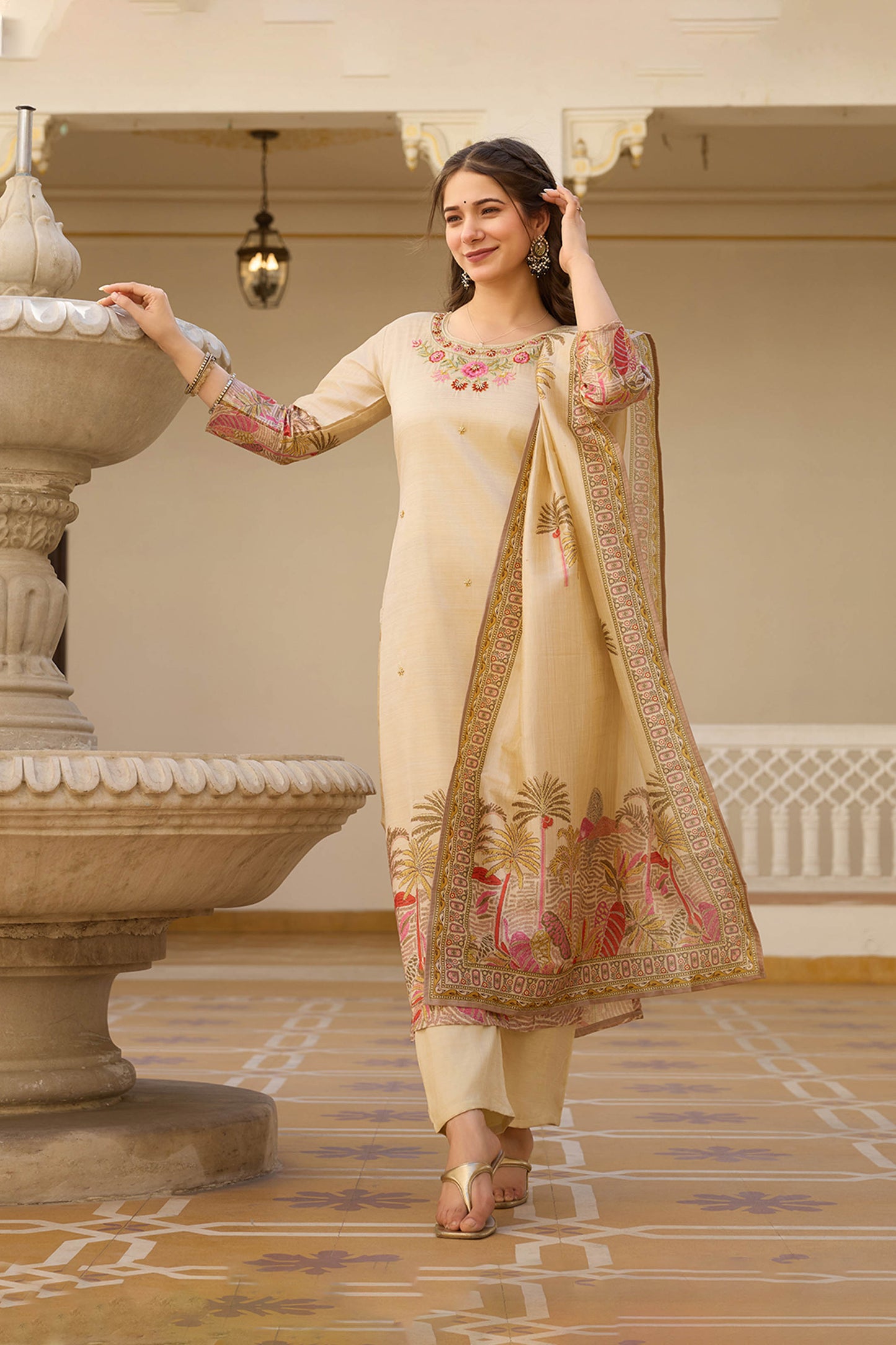 Sharada Cream Viscose Assam Silk Embroidered Kurta Set