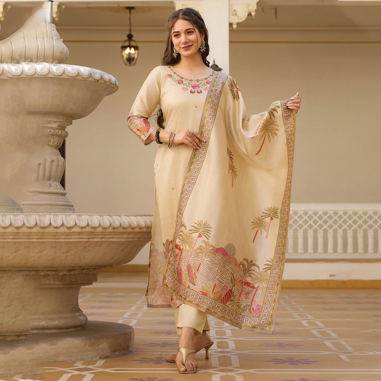Sharada Cream Viscose Assam Silk Embroidered Kurta Set